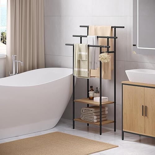 EUGAD Porte Serviette Salle de Bain, Porte Serviette sur Pied, Support Serviette Salle de Bain à 3 Niveaux, avec 2 Étagères, Métal Noir+Bois d'Ingénierie en Chêne Clair, 68x28x116,5 cm - Nail Gallerys