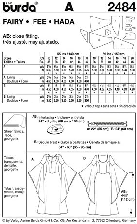 Burda 2484 Patron de Couture Costume Déguisement Fée mariée (Femme, Taille 36–46) Level 3 Moyen - Nail Gallerys
