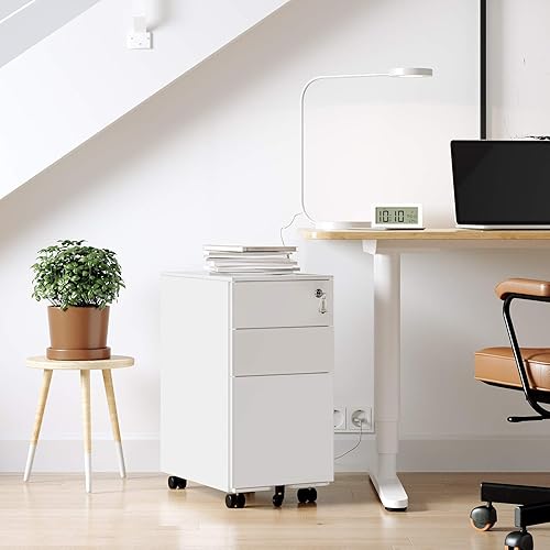 SONGMICS Caisson de Bureau, Lot de 2, Placard de Rangement Mobile, avec roulettes et Serrure, pour Documents et Dossier Suspendu, avec 3 Tiroirs, Blanc OFC031W01 - Nail Gallerys