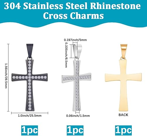 Beebeecraft 1 boîte de 3 Breloques Crucifix en Acier Inoxydable pour Homme 3 Couleurs 304 pendentifs de 26x40mm Noir Argent Or Strass avec Clip pour la Fabrication de Bijoux Bracelets Colliers et - Nail Gallerys