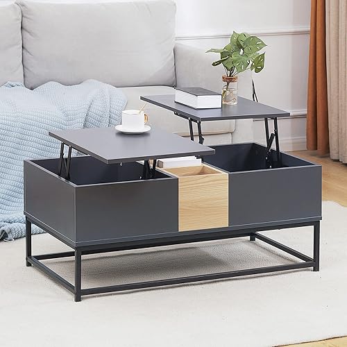 HOMCOM Table Basse rectangulaire pour Salon avec 2 Plateaux relevables - Compartiments cachés et 3 Petits rangements Effet Bois dim. 100L x 50l x 42,5H cm Gris foncé - Nail Gallerys