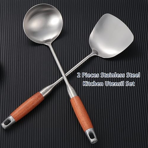 HonGien Ustensiles de Cuisine en Acier Inoxydable 304, Lot de 2 Spatule et Louche pour Wok, Spatule Wok et Louch avec Manche Long en Bois de Poirier Résistant à la Chaleur - Nail Gallerys