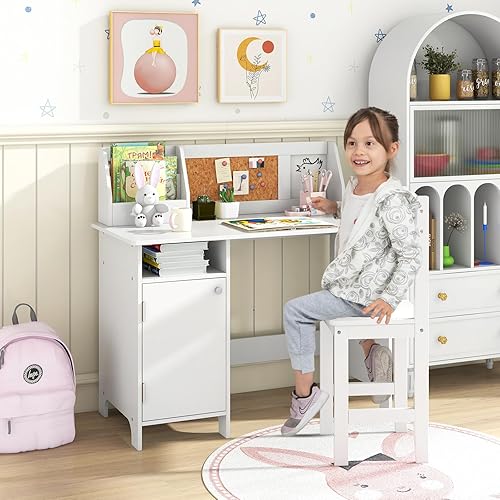 GOPLUS Bureau Enfant Fille Garçon, Table Enfant avec Chaise pour Dessiner, Lire, Bureau avec Rangement 1 Tiroir 2 Armoires, Table d'Étude en Bois pour Chambre, Maternelle, Blanc - Nail Gallerys
