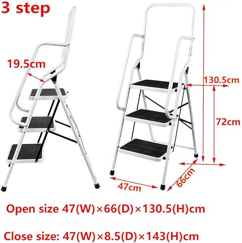 Escabeau Marchepied Acier 3 Marches, Escabeau Professionnel avec 2 Rampes de Sécurité & Garde-Corps Charge Max. 150Kg - Nail Gallerys