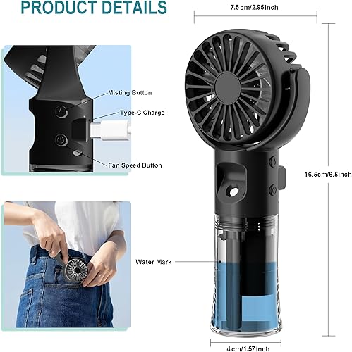 Mini Ventilateur Portable, Ventilateur Brumisateur Portable, Avec 4 Réglages De Vitesse Et Brume D'eau, Rechargeable, Silencieux, Pour Études Travail Voyages Camping, Cadeau D'été (Noir) - Nail Gallerys