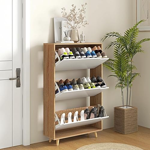 HOMCOM Meuble à Chaussures 3 abattants, Armoire à Chaussures, avec étagère réglable, 72L x 24l x 119H cm, Naturel et Blanc - Nail Gallerys