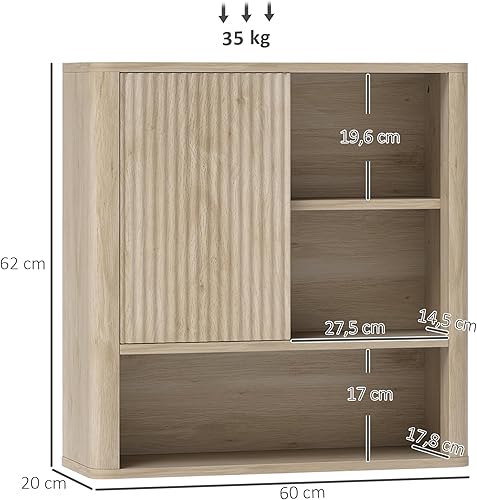 HOMCOM Armoire Murale, Meuble Haut Salle de Bain avec étagères réglables, Porte coulissante et étagères Ouvertes, Meuble de Salle de Bain, Meuble de Rangement Suspendu, 60 x 20 x 62 cm, Bois Naturel - Nail Gallerys