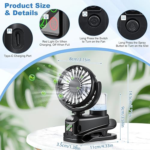 JIZZU Ventilateur à Pince, Ventilateur de Bureau à 4 Vitesses avec Clip, Mini Ventilateur Rechargeable par USB avec Spray Humidificateur, Electrique Ventilateur avec Affichage LED pour Maison - Noir - Nail Gallerys