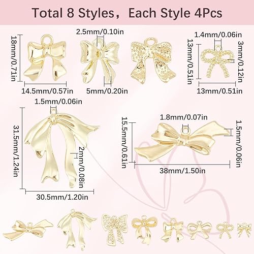 SUNNYCLUE 1 boîte de 32 pièces 8 styles de Breloques en Forme de Nœud Doré en Vrac en Alliage Doré Léger en Métal pour la Fabrication de Bijoux Fournitures de Loisirs Créatifs Colliers Bracelets Boucl - Nail Gallerys