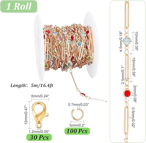 PH PandaHall 5m Chaîne de Trombone Dorée avec 100 Anneaux Ouverts en Acier Inoxydable et 30 fermoirs Mousquetons Kit de Création de Colliers et Bracelets à Chaîne Liens de Chaîne de Câble en Strass - Nail Gallerys