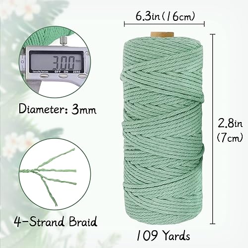 Uiopa Corde Macramé 3mm x 100m, Fil Macramé Coton Ficelle Macrame Corde Cordelette, Cordon Coton pour Suspension Murale de Bricolage, Tapisserie de Plante, Decoration Boheme Chic (Verte menthe) - Nail Gallerys