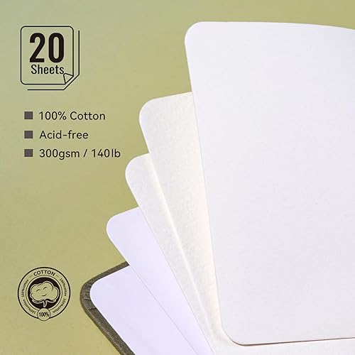 LIGHTWISH Carnet de croquis aquarelle 100 % coton pressé à froid 13 x 9,5 cm, 20 feuilles de 300 g/m², papier sans acide pour aquarelle, gouache, acrylique - Nail Gallerys