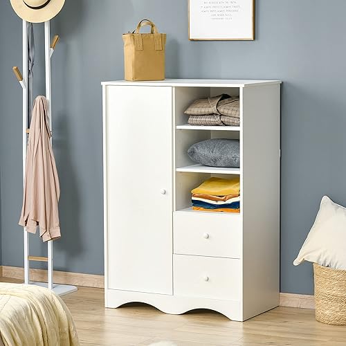 HOMCOM Armoire avec Porte et 5 étagères, 3 niches, 2 tiroirs, Meuble de Rangement Blanc pour Chambre, Salon, Bureau - Nail Gallerys