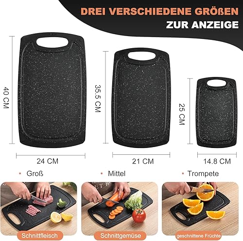 Lot de 3 planches à découper - Antidérapantes - Sans BPA - Avec gouttière à jus - Portables et passent au lave-vaisselle - Noir - Nail Gallerys