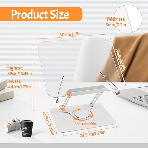 Support de Livre pour la Lecture, Repose Livre avec Base Pivotante à 360° et Clips, 4,4-39 cm Réglable Pupitre de Lecture en Acrylique, Pliable Lutrin de Lecture Porte Livre pour Recettes Tablettes - Nail Gallerys