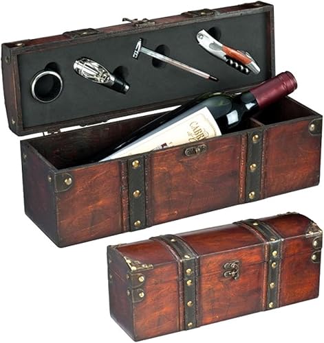 Set à vin sommelier dans une boîte en bois - Look coffre au trésor - Accessoires de bar 5 en 1 avec caisse à vin en bois - Set de décanteur en acier inoxydable avec couteau de sommelier, thermomètre à - Nail Gallerys