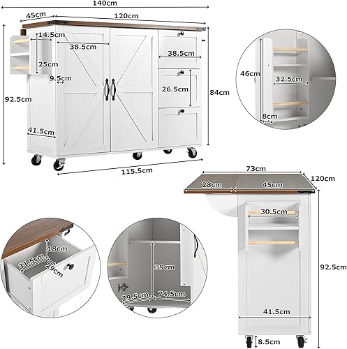 Sapgaks Îlot de Cuisine, desserte de avec Plan de Travail escamotable, Armoire à roulettes pour îlot de Cuisine, desserte de Salle à Manger en Grain de Bois avec Quatre Portes et Deux tiroirs - Nail Gallerys