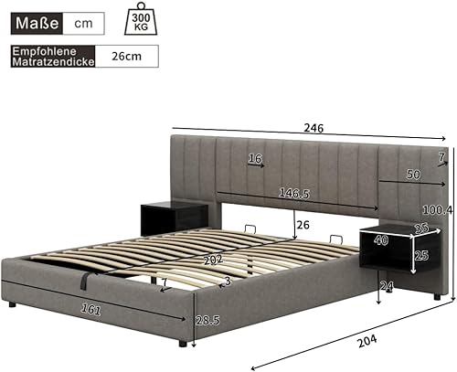 Lit 160x200 avec sommier à lattes,lit coffre adulte 160x200 à ailes larges hydraulique,cadre de lit 2 personnes avec rangement et deux tables de chevet sommier à lattes en bois,lin,gris + noir - Nail Gallerys