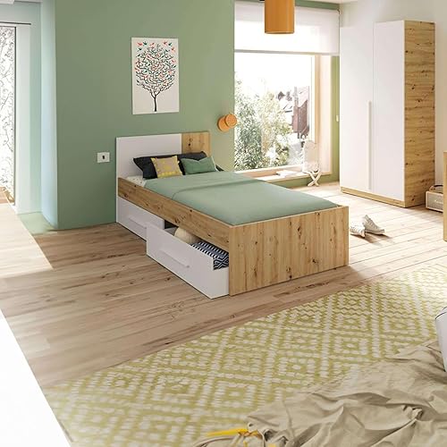 Habitdesign Lit Simple avec 2 tiroirs, lit pour Enfant, modèle Noa, Finition Blanche Artik et chêne Nodi, Dimensions : 196 cm (Longueur) x 97 cm (Largeur) x 77 cm (Hauteur) - Nail Gallerys