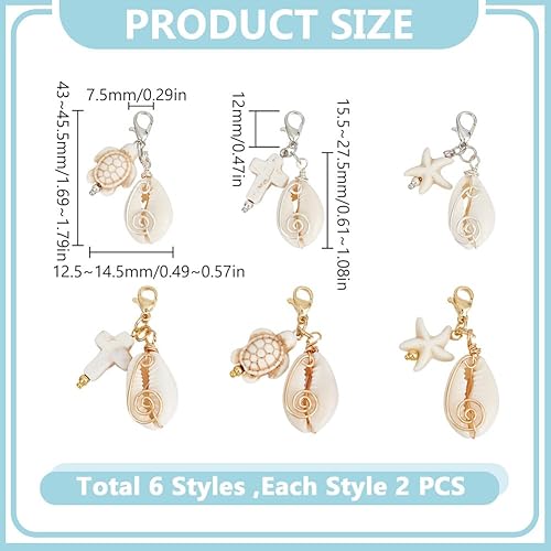 GOMAKERER 12pcs 6 styles Breloques Coquillages, Pendantes Thème de L'Océan avec Fermoir Mousqueton Breloques Coquillage Naturel avec Turquoise Croix Tortue Perle pour la Fabrication de Bijoux DIY - Nail Gallerys