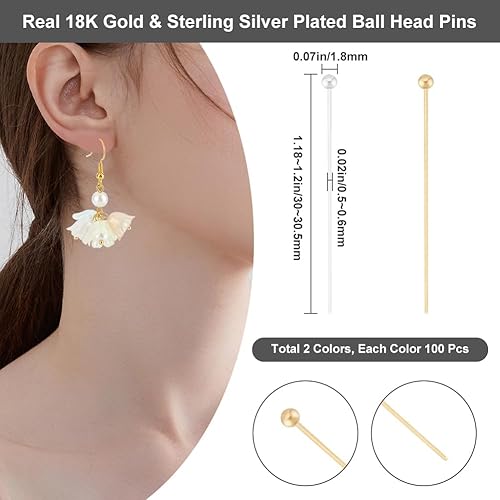Beebeecraft 1 boîte de 200 épingles à Tête Sphérique de 30mm Plaquées Or 18 carats et Argent Sterling 925 Ternissement Calibre 24 calibre 22 épingles à Œil Sphérique pour la Fabrication de Bijoux - Nail Gallerys