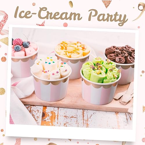 Coupes en Papier Confettiville, 50 pièces, 9 oz, Bols à Desserts Jetables pour Aliments Chauds ou Froids, Rayures Roses et Dorures - Nail Gallerys