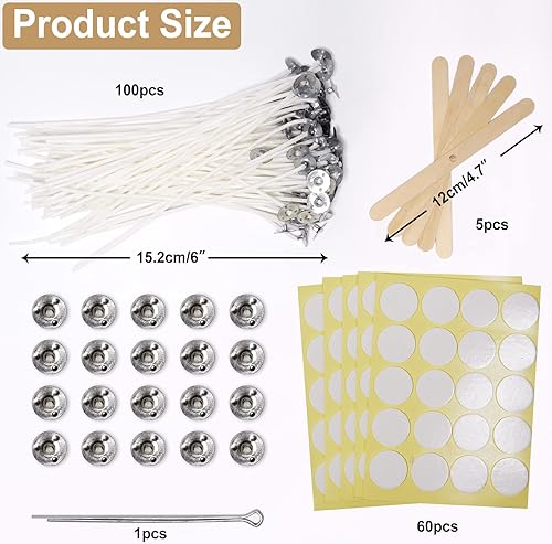 100 Pcs Mèche Bougie 15cm + Autocollants Mèche de Bougie + Support de Mèche de Bougie + Base en Métal + Clip de Mèche, Mèche Bougie Pré Ciré, Meche Bougie Coton, pour Fabrication de Bougie, Bricolage - Nail Gallerys