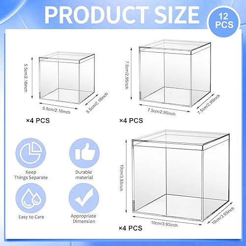cersaty Lot de 12 boîtes en acrylique avec couvercle transparent pour bijoux, figurines, bonbons, bijoux de cheveux, jouets, etc. (5,5 cm, 7,5 cm, 10 cm, 4 pièces chacune) - Nail Gallerys