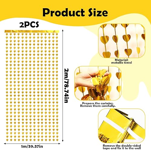 Prmape 2 Pièces Rideau Frange Doré, 1×2m Rideaux a Frange Coeur, Rideau Paillette Anniversaire, Rideaux Coeur Saint Valentin pour Décorer Toile de Fond Anniversaire Party, Porte, Fenêtre, Fête - Nail Gallerys