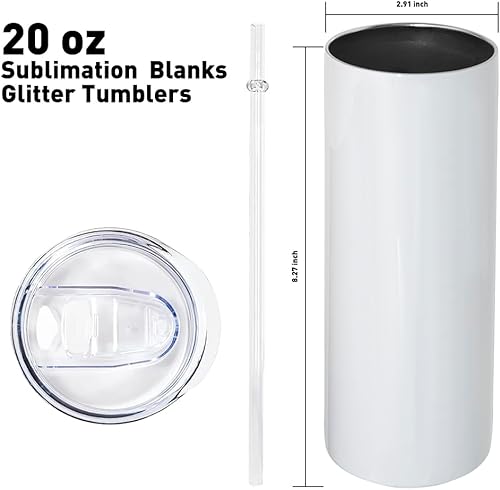 MR.R Lot de 6 gobelets de sublimation fins vierges de 591 ml avec paille, en acier inoxydable à double paroi isotherme pour machine à presser - Nail Gallerys