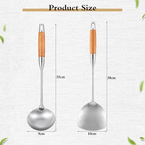 TsunNee Lot de 2 ustensiles de cuisine en acier inoxydable 304 avec spatule wok et louche à soupe avec long manche en bois résistant à la chaleur - Nail Gallerys