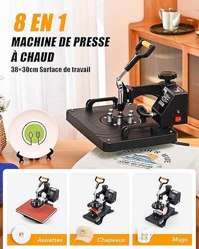 CREWORKS Presse à Chaud 30x38 cm 8 en 1 Machine de Transfert de Chaleur Imprimante Sublimation avec Accessoires de Presse à Plaque Mug Casquette Chapeau T-Shirt pour la Maison (8 en 1) - Nail Gallerys