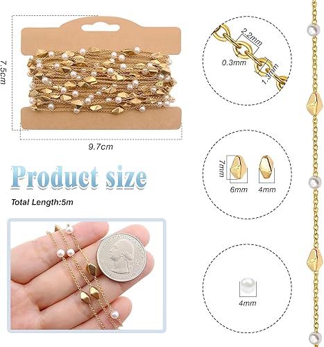 TOAOB 5 mètres Chaînes décoratives Colliers en laiton 2,2 mm Chaîne avec perles blanches pour création de bijoux, bracelet de cheville accessoires or ton - Nail Gallerys