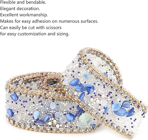 Diamant Strass Bandes Bling Rubans Rouleau Bandage Ceinture Enveloppe Diamant Maille Wrap Rouleau Cristal Strass pour GâTeau de Mariage Décorations de Fête(Chaîne de perles d'or en pierre bleu roi) - Nail Gallerys