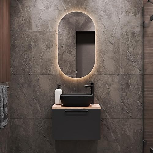 Planetmöbel Astra Ensemble de meubles de salle de bain avec lavabo de 60 cm, chêne doré, anthracite, lavabo à poser 42 cm, noir - Nail Gallerys