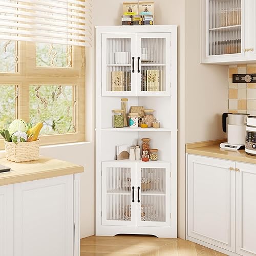 GIANTEX Armoire de salle de bain, d'angle avec 4 portes en verre et 2 étagères ouvertes, gain de place, 66 x 35 x 171 cm, armoire haute pour salle de bain, salon et chambre à coucher - Nail Gallerys