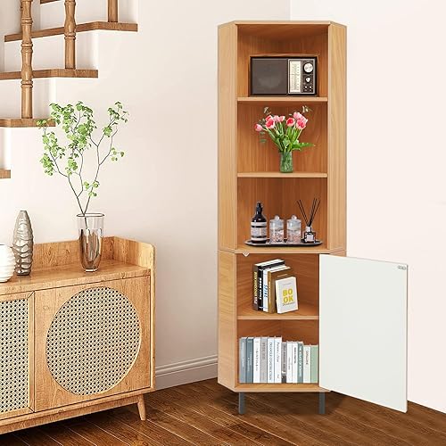 KAPIPALA Armoire d'angle haute à 5 niveaux, bibliothèque autoportante, en bois, avec armoire, étroite, peu encombrante, pour petits espaces, montage facile, 40 x 40 x 180 cm - Nail Gallerys