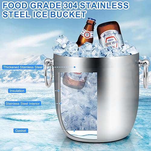 Seau à Glaçons 3L, Euakee Double Paroi en Acier Inoxydable Rafraîchisseur Champagne Seau de Refroidissement, Seau à Champagne Glaçons Isotherme Avec Couvercle Et Pince pour Cocktails, Champagne - Nail Gallerys