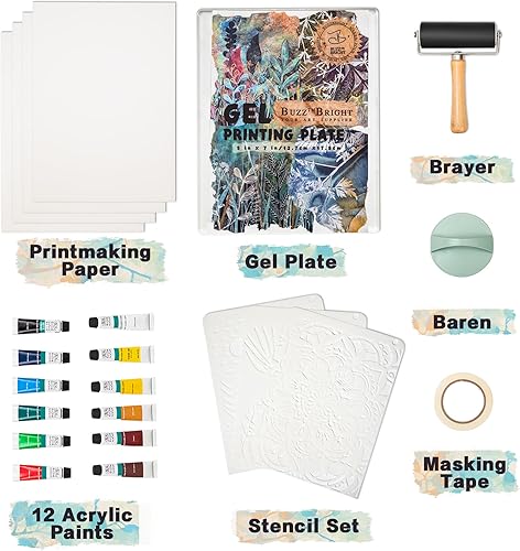 BuzzBright Kit complet de plaques d'impression gel avec plaque de gélatine de 12,7 x 17,8 cm, brayer, papier de gravure, peinture acrylique et outils essentiels pour art mixte, monopintage, - Nail Gallerys