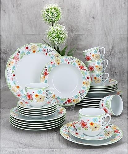 MamboCat Variant Blümchen Service de Table 30 Pièces en Porcelaine pour 6 Personnes - 6 Tasses à Café 200 ml, Soucoupes, Assiettes à Gâteau, Creuses et Plates avec Bord Floral - Nail Gallerys