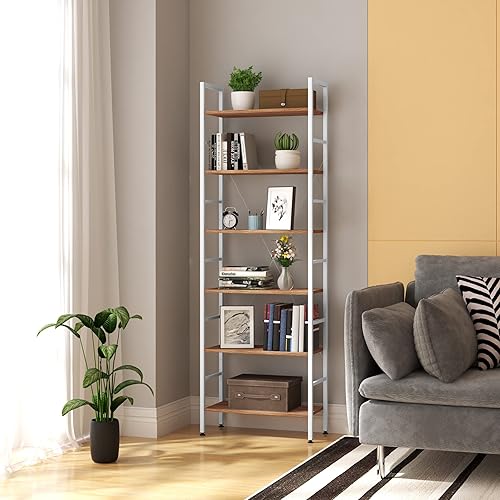 WOLTU Étagère à 6 Niveaux, Bibliothèque Étagère Rangement, en Bois d'ingénierie et Métal, pour Salon/Chambre/Bureau, 60x27,5x180cm, Chêne Clair +Blanc, RGB9307whe - Nail Gallerys