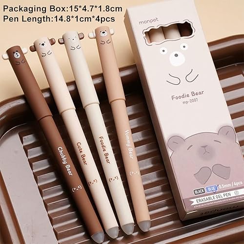 Stylo effaçable Ours, 4Pcs Erasable Neutral Pens 0,5 mm Stylos à Bille Cute Kawaii Pens, Confort d'écriture stylos à encre gel pour bureau école - Ours - Nail Gallerys