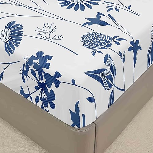 Lukery Drap Housse Bonnet 30 cm, Ajustable Housse Matelas 1/2 Personne, Drap de Lit Microfibre, Doux et Respirant Lavable en Machine, Motif de Fleurs Coloré (Fleurs Bleues,90x190+30cm) - Nail Gallerys