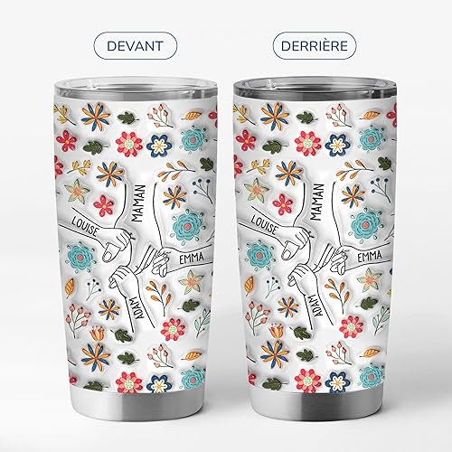 Cadeau Plus Mug Isotherme Personnalisable Prénom - Maman/Mamie Tenant Les Mains Avec Fleurs Pastels - Mug Thermos Personnalisé, Thermos Personnalisable, Tasse A Cafe Isotherme (Modèle #4) - Nail Gallerys