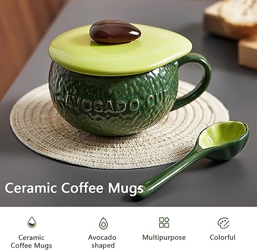 QUSHEJIAND Ensemble de tasses à café en céramique avec couvercle et cuillère en porcelaine, tasse à lait en forme d'avocat, tasse à lait avec poignée, pour café, jus, thé (vert) - Nail Gallerys