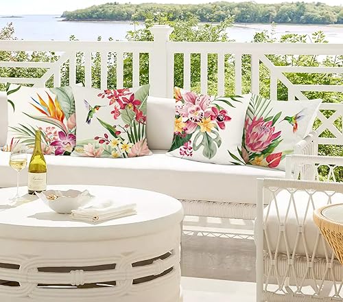 Bonhause Housse de Coussin Fleurs Tropicales 45 x 45 cm Fleur Feuille Extérieur Polyester Lin Décoratif Été Taie d'oreiller pour Canapé Salon Chambre Chaise Jardin Maison Décoration 4 Pièces - Nail Gallerys