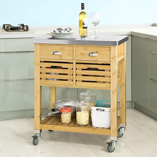 SoBuy Desserte sur roulettes Armoire de Rangement Cuisine en Bambou - Plan de Travailen en Acier INOX Résistant aux Empreintes Digitales Bambou 73x46x93cm, FKW40-N - Nail Gallerys