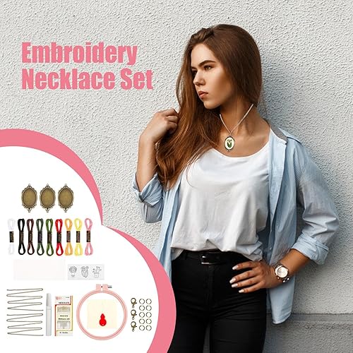 Kit de broderie, kit de broderie débutant pour les adultes,Ensemble de pendentif à coudre | Kit de collier de broderie classique coloré pour la pratique des adultes - Nail Gallerys
