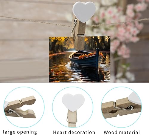 Feelorna 20 pièces Mini Pinces à Linge en Bois, Mini Pinces à Linge en Forme de Coeur avec 2 mètres de Corde de Jute, Mini Pinces à Linge en Bois pour la décoration de Photos DIY (Blanc) - Nail Gallerys