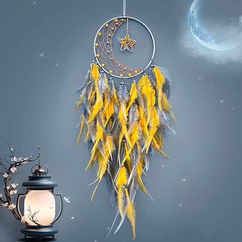 Wernfale Attrape-Rêves en Plumes pour Chambre à Coucher, pour Tenture Murale, Cadeaux Artisanaux Jaune - Nail Gallerys